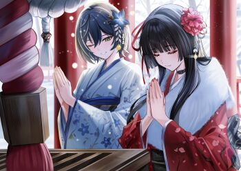 2girls alternate_costume black_choker black_flower black_hair blake_bloom_(wuthering_waves) chisa_(wuthering_waves) choker closed_eyes flower hair_between_eyes hair_flower hair_ornament hair_ribbon highres japanese_clothes kimono long_hair multiple_girls nicky_w one_eye_closed outdoors palms_together parted_lips red_kimono red_ribbon ribbon sayuki_(wuthering_waves) smile snow torii white_kimono wuthering_waves