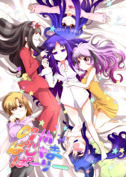 07th_expansion 6+girls bed black_hair blue_hair blush bow choco_chip_(ekitai_idou) commentary_request creator_connection frederica_bernkastel furude_rika furudo_erika glasses hair_ornament hanyuu higanbana_(higanbana_no_saku_yoru_ni) higanbana_no_saku_yoru_ni higurashi_no_naku_koro_ni horns long_hair lying moriya_marie multiple_girls on_bed orange_hair pajamas purple_eyes purple_hair rabbit_hair_ornament red_bow sleepover star_(symbol) umineko_no_naku_koro_ni yuri