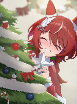 Rule 34 | 1girl, absurdres, animal ears, blush, capelet, christmas, christmas ornaments, christmas tree, closed eyes, commentary request, dress, ear covers, ear ornament, feather hair ornament, feathers, fur-trimmed capelet, fur trim, grin, hair between eyes, hair ornament, highres, holding, horse ears, horse girl, long hair, looking at viewer, mugi mg317, open mouth, red capelet, red dress, red hair, santa costume, santa dress, smile, solo, textless version, twintails, umamusume, win variation (umamusume)