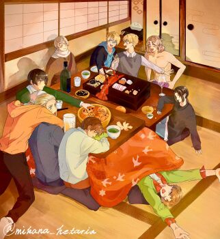 6+boys abs absurdres ahoge alcohol america_(hetalia) animal_print arms_up artist_name axis_powers_hetalia baby_animal beak belt bento bird bird_print black-framed_eyewear black_hair black_jacket black_pants black_shirt black_sweater blank_eyes blonde_hair blue_eyes blue_hoodie blue_pants blush bottle bowl brothers brown_bag brown_belt brown_eyes brown_hair brown_sweater cake candy carpet chick china_(hetalia) chocolate chopsticks closed_eyes closed_mouth collarbone collared_shirt commentary_request cup denim door drinking_glass facial_hair fingernails floral_print food france_(hetalia) from_behind fruit germany_(hetalia) gilbird glass glasses green_eyes green_jacket grey_hair grey_vest hair_between_eyes happy highres holding holding_chopsticks hood hoodie hug indoors jacket japan_(hetalia) jewelry juice lobster long_hair long_sleeves looking_at_another looking_at_food low_ponytail lying male_focus mandarin_orange mikana_hetalia mixed-language_commentary multiple_boys muscular muscular_male necklace new_year no_shoes northern_italy_(hetalia) on_back one_eye_closed onigiri open_clothes open_jacket open_mouth open_shirt orange_eyes orange_hoodie orange_juice orange_pants orange_pupils orange_shirt pants pectorals pet plate ponytail prussia_(hetalia) puffy_long_sleeves puffy_sleeves purple_pants russia_(hetalia) scarf semi-rimless_eyewear shadow shirt short_hair siblings sidelocks sitting sleeping smile socks soup southern_italy_(hetalia) sweatdrop sweater swiss_roll t-shirt table tablecloth teeth tongue topless_male twins united_kingdom_(hetalia) vest water white_scarf white_shirt white_socks wine wine_glass
