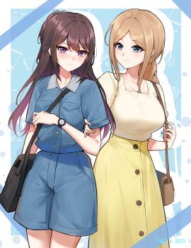 2girls absurdres bang_dream! bang_dream!_it's_mygo!!!!! black_hair blue_shirt blue_shorts blush braid breasts closed_mouth commentary_request half_updo highres large_breasts long_hair multiple_girls nagasaki_soyo purple_eyes shiina_taki shirt short_sleeves shorts sidelocks skirt unique_(pixiv12704744) watch wristwatch yellow_eyes yellow_skirt