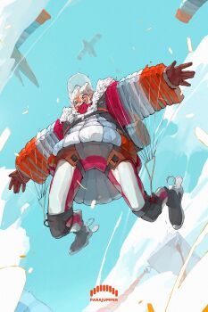 Rule 34 | 1boy, belt, blush, brown gloves, cloud, cloudy sky, falling, gloves, helmet, highres, jacket, original, parachute, patrick ganas, sky, skydive, space helmet, white hair