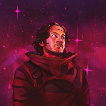 Rule 34 | 1boy, aegyo sal, beard, brown hair, facial hair, headband, highres, iron lung (movie), looking to the side, male focus, popped collar, purple theme, short hair, simon (iron lung), smile, solo, soykyu, sparkle, tunic, upper body