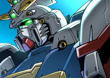 blue_background commentary_request from_side g_gundam glowing glowing_eyes god_gundam green_eyes gundam mecha mecha_focus no_humans robot science_fiction shouji_nigou solo super_robot upper_body v-fin