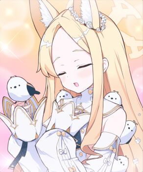 1girl :d animal animal_ear_fluff animal_ears animal_on_shoulder bare_shoulders bird bird_on_hand bird_on_shoulder blonde_hair blue_archive blush bow closed_eyes commentary_request cross_halo detached_sleeves dress extra_ears facing_viewer flower_wreath forehead fox_ears fox_girl gradient_background halo hand_on_own_chest hands_up highres holy-san_(makuu) long_hair music open_mouth orange_bow parted_bangs pink_background seia_(blue_archive) sidelocks simple_background singing sleeve_bow sleeveless sleeveless_dress sleeves_past_wrists smile solo sparkle straight_hair upper_body very_long_hair wavy_ends white_bird white_bow white_dress wide_sleeves yellow_background yellow_halo