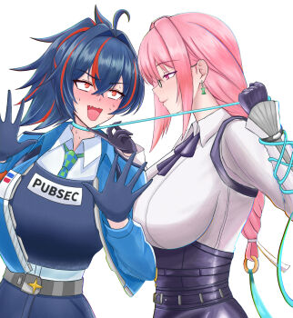2girls belt black_hair blue_jacket blush bow breasts cable commentary_request earrings glasses gloves hand_on_another&#039;s_chin harness high-waist_pants high-waist_skirt highres jacket jewelry large_breasts leash long_hair miyabidai multicolored_hair multiple_girls necktie nervous_sweating nose_blush pants pencil_skirt pet_play pink_eyes pink_hair police police_uniform policewoman ponytail red_eyes red_hair revision ring_hair_ornament shirt skirt streaked_hair sweat tsukishiro_yanagi white_shirt yuri zenless_zone_zero zhu_yuan