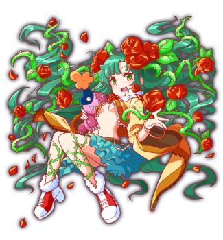 1girl :&gt; absurdly_long_hair ahoge anime_coloring aphrodite_(crash_fever) artist_request belt belted_skirt big_hair blue_sky bracelet breasts brown_belt chain coat crash_fever doll dot_nose eyelashes flower flower_head full_body fur-trimmed_coat fur-trimmed_shoes fur_trim game_cg gold_bracelet green_eyes green_hair holding holding_doll jewelry knees_together_feet_apart layered_skirt light_blush long_hair medium_breasts miniskirt mole mole_under_eye narrow_waist navel number_print numbered official_art open_clothes open_coat open_hand open_mouth orange_flower overgrown pink_petals plant platform_shoes print_sleeves red_flower red_rose red_shoes rose shoes skirt sky smile solo square square_print tachi-e teeth third-party_source tongue transparent_background twintails underboob unzipped upper_teeth_only very_long_hair vine_on_leg vines yellow_coat yellow_sleeves zipper