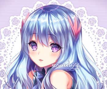 Rule 34 | 1girl, :3, artist name, bare shoulders, black shirt, blue bow, blue bowtie, blue hair, blush, bow, bowtie, commentary, commission, english commentary, hair between eyes, hair ornament, hair over shoulder, highres, lace background, long hair, looking at viewer, original, parted lips, portrait, purple background, purple eyes, sasucchi95, shirt, simple background, sleeveless, sleeveless shirt, solo