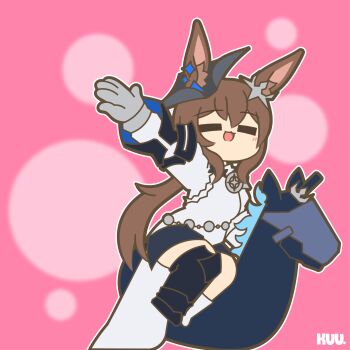 1girl amiya_(arknights) amiya_(guard)_(arknights) amiya_(guard)_(in_a_myriad_of_universes)_(arknights) animal_ears animated animated_gif arknights brown_hair closed_eyes commentary english_commentary gloves highres kuhl-notes long_hair official_alternate_costume open_mouth outline pink_background ponytail rabbit_ears rabbit_girl riding solo white_outline