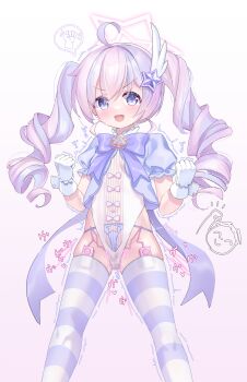 1girl :d absurdres ahoge artist_name blue_archive blush bow clenched_hands drill_hair egg_vibrator feather_hair_ornament feathers feet_out_of_frame gloves gluteal_fold gradient_background groin hair_between_eyes hair_ornament halo highleg highleg_leotard highres leotard loli long_hair looking_at_viewer magical_girl multicolored_hair multiple_views open_mouth panties parted_lips puffy_sleeves purple_bow purple_eyes purple_hair reisa_(blue_archive) reisa_(magical)_(blue_archive) sash sex_toy short_sleeves side-tie_panties skindentation smile solo star_(symbol) star_hair_ornament star_halo streaked_hair striped_clothes striped_thighhighs surprised thighhighs thighs twintails two-tone_hair underwear v-shaped_eyebrows vibrator vibrator_in_thighhighs vibrator_under_clothes white_gloves white_hair white_leotard white_wrist_cuffs wrist_cuffs ya_chuifeng_lai