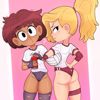 2girls ? amphibia anne_boonchuy annoyed ass ball black_eyes blonde_hair brown_hair buruma can clenched_teeth collarbone dark-skinned_female dark_skin disney drink_can elbow_pads feet female_focus fingerless_gloves freckles freckles_on_thighs from_behind gloves hand_on_own_hip highleg highleg_buruma highres holding holding_can long_hair looking_at_viewer looking_back mole mole_on_ass mole_under_eye multiple_girls pink_background profile purple_buruma purple_gloves purple_thighhighs red_buruma rukisan(pixiv) sasha_waybright shirt short_hair simple_background soda_can standing t-shirt teeth thigh_strap thighhighs thighs torn_clothes torn_thighhighs two-tone_background volleyball_(object) white_background white_shirt