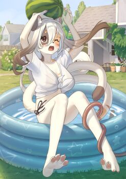 1girl animal_ears ball beachball bikini bikini_bottom_only blush breasts brown_eyes brown_hair building bush cat_ears cat_girl cat_tail commentary day english_commentary etivka fangs fence fewer_digits front-tie_top furry furry_female gradient_hair grass haru_(etivka) highres holding holding_ball holding_beachball house multicolored_hair multiple_tails one_eye_closed open_mouth original outdoors pawpads plant potted_plant short_sleeves side-tie_bikini_bottom solo swimsuit tail wading_pool water watermelon_beachball white_hair