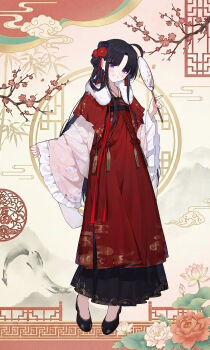 Rule 34 | 1girl, absurdres, ahoge, awa subaru, bamboo, black hair, chinese clothes, chinese commentary, chinese knot, chinese new year, chinese paper-cut, commentary request, danyaji, dress, egasumi, flower, frilled sleeves, frills, full body, fur trim, girls band cry, hair flower, hair ornament, hand fan, hanfu, high heels, highres, holding, holding fan, lattice, long hair, long sleeves, looking at viewer, lotus, middle part, paper fan, parted bangs, peony (flower), plum blossoms, purple eyes, sleeves past wrists, smile, solo, standing, tassel, tuanshan, very long hair, wide sleeves, xiangyun, yun cao bing