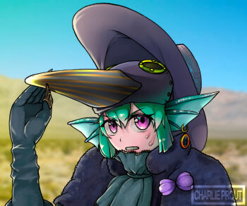 1girl alt_text aqua_hair artist_name ascot black_gloves blue_ascot blue_sky bow charlie_prout commentary cosplay day english_commentary eyelashes fake_claws fin_piercing finana_ryugu fins gloves hat head_fins kyokugen_dasshutsu mask mask_on_head nijisanji nijisanji_en outdoors pink_eyes plague_doctor_mask purple_bow sky solo sweat teeth v-shaped_eyebrows virtual_youtuber wide_brim zero_escape:_toki_no_dilemma zero_ii_(kyokugen_dasshutsu) zero_ii_(kyokugen_dasshutsu)_(cosplay)