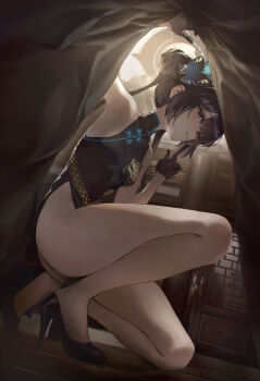 2girls black_dress black_gloves black_hair black_shoes blue_archive breasts butterfly_hair_ornament china_dress chinese_clothes commentary double_bun dragon_print dress finger_to_mouth gloves grey_eyes grey_halo hair_bun hair_ornament halo high_heels highres kisaki_(blue_archive) legs mina_(blue_archive) multiple_girls pelvic_curtain print_dress shoes shushing sleeveless sleeveless_dress small_breasts smile soy_chicken thighs