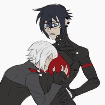 2girls ariane_yeong between_breasts black_hair breasts elster_(signalis) eye_twitch face_between_breasts head_between_breasts medium_breasts meme multiple_girls signalis surprised white_hair