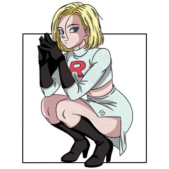 1girl android_18 berryzart blonde_hair blue_eyes boots dragon_ball dragonball_z highres nintendo pleated_skirt pokemon pokemon_(anime) short_hair skirt solo striped_clothes team_rocket team_rocket_uniform thigh_boots