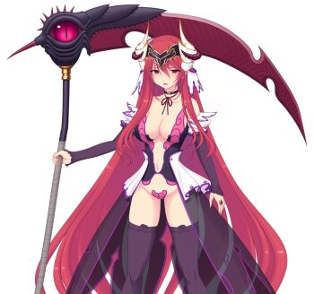 1girl bare_shoulders breasts bridal_gauntlets choker cleavage demon_girl demon_horns game_cg heart_maebari holding holding_scythe holding_weapon horns huge_weapon kourin_tenshi_en_ciel_rena large_breasts large_variant_set long_hair looking_at_viewer lucifer_rena maebari navel non-web_source official_art open_mouth red_eyes red_hair revealing_clothes saitou_natsuki scythe showgirl_skirt solo strapless_bottom suhamaya thighhighs tomoe_rena transparent_background variant_set very_long_hair weapon