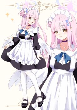 1girl absurdres alternate_costume angel_wings apron black_dress blue_archive blue_flower blush closed_mouth collarbone dress feathered_wings flower hair_bun hair_flower hair_ornament halo high_heels highres long_hair long_sleeves looking_at_viewer low_wings maid maid_apron maid_headdress mika_(blue_archive) open_mouth pantyhose pink_hair pink_halo pumps single_hair_bun single_side_bun smile very_long_hair white_apron white_pantyhose white_wings wing_ornament wings zhang_xiaozhai