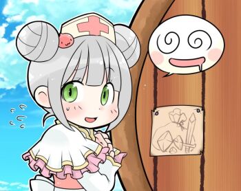 Rule 34 | 1girl, arch bishop (ragnarok online), blue sky, blunt bangs, blush, cloud, commentary request, double bun, dress, flying sweatdrops, frilled dress, frills, green eyes, grey hair, hair bun, hair ornament, hat, looking at viewer, nurse cap, oekakipikki, official alternate costume, open mouth, pink dress, poring, ragnarok online, short hair, sky, solo, two-tone dress, upper body, white dress
