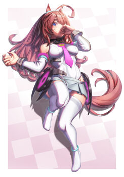 Rule 34 | 1girl, ahoge, animal ears, bare shoulders, blue eyes, blush, breasts, brown hair, commentary request, creape, detached sleeves, full body, grey hairband, grey leotard, grey skirt, grey sleeves, hair between eyes, hairband, highleg, highleg leotard, highres, horse ears, horse girl, horse tail, large breasts, leotard, long hair, looking at viewer, lowleg, lowleg skirt, lying, mihono bourbon (mb-19890425) (umamusume), mihono bourbon (umamusume), necktie, on back, pink necktie, silver hairband, skirt, solo, tail, thighhighs, umamusume, white leotard, white thighhighs