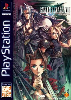 1girl 2boys absurdres aerith_gainsborough armor ashejpeg baggy_pants belt black_coat black_gloves black_wings blonde_hair blue_eyes blue_pants blue_shirt braid braided_ponytail brown_belt brown_gloves brown_hair buster_sword chest_strap choker cloud_strife coat copyright_name cowboy_shot dress feathered_wings final_fantasy final_fantasy_vii game_console gloves green_eyes grey_hair hair_between_eyes hair_ribbon highres holding holding_sword holding_weapon jacket light_smile long_coat long_hair masamune_(ff7) meteor multiple_boys over_shoulder own_hands_clasped own_hands_together pants parted_bangs pauldrons pink_dress playstation_1 playstation_logo puffy_short_sleeves puffy_sleeves red_jacket red_lips red_ribbon ribbed_shirt ribbon ribbon_choker sephiroth shirt short_hair short_sleeves shoulder_armor sidelocks silver_bangle single_bare_shoulder single_pauldron single_wing spiked_hair suspenders sword sword_over_shoulder twitter_username upper_body weapon weapon_over_shoulder wings