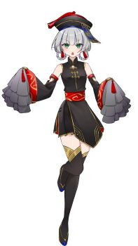 Rule 34 | 1girl, alternate costume, alternate hairstyle, black dress, black hat, black shoes, black thighhighs, braid, breasts, commentary request, detached sleeves, dress, earrings, full body, green eyes, grey hair, hairstyle request, halloween, halloween costume, hat, highres, jewelry, jiangshi costume, konpaku youmu, leg up, looking at viewer, mokou cooking, ofuda, open mouth, shoes, simple background, sleeves past fingers, sleeves past wrists, small breasts, solo, tassel, tassel earrings, thighhighs, touhou, white background