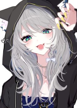 1girl absurdres alternate_costume alternate_hairstyle animal_ear_fluff animal_ears black_jacket bow braid cat_ears cat_girl cipher_(honkai:_star_rail) commentary_request fingernails green_eyes grey_hair hair_bow highres honkai:_star_rail honkai_(series) hood hooded_jacket jacket long_fingernails long_hair magnet_8_8 open_mouth side_braid simple_background solo upper_body white_background white_bow yellow_nails