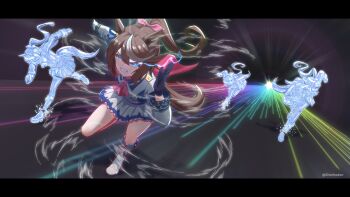 Rule 34 | 4girls, absurdres, animal ears, ascot, asymmetrical gloves, black gloves, blue eyes, boots, brown hair, cape, clenched teeth, commentary, english commentary, epaulettes, eye trail, gloves, hair between eyes, high ponytail, highres, horse ears, horse girl, horse tail, jacket, light trail, long hair, long sleeves, mismatched gloves, multicolored hair, multicolored jacket, multiple girls, open mouth, pink ascot, pink cape, ponytail, red cape, running, sharkudon, single epaulette, skirt, streaked hair, sweat, tail, teeth, tokai teio (peak joy) (umamusume), tokai teio (umamusume), two-tone hair, two-tone jacket, two-tone skirt, umamusume, white gloves, white hair, white jacket, white skirt