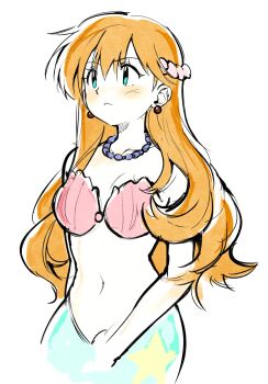 1girl :&lt; alternate_hairstyle bare_shoulders bead_necklace beads bikini blue_eyes blush breasts cleavage closed_mouth collarbone earrings frown green_eyes hair_between_eyes hair_down hair_ornament jewelry long_hair looking_to_the_side medium_breasts mermaid mermaid_misty_(pokemon) misty_(pokemon) monster_girl monsterification navel necklace nintendo orange_hair pearl_necklace pokemon pokemon_(anime) pokemon_(classic_anime) pokemon_rgby shell shell_bikini simple_background solo star_(symbol) swimsuit white_background