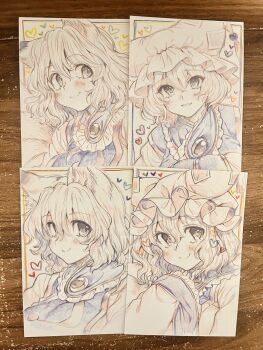 Rule 34 | 1girl, animal ear fluff, animal ears, animal hat, blonde hair, blue tabard, closed mouth, commentary request, fox ears, fox tail, hat, heart, highres, kitsune, masanaga (tsukasa), mob cap, multiple tails, open mouth, photo (object), smile, tabard, tail, touhou, traditional media, yakumo ran, yellow eyes