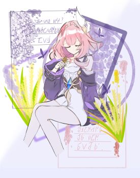 Rule 34 | 1girl, 6263508582, absurdres, bare shoulders, bug, butterfly, chinese commentary, closed eyes, coat, commentary request, cropped legs, cyrene (aedes elysiae) (honkai: star rail), cyrene (honkai: star rail), dress, hair ornament, highres, holding wheat, honkai: star rail, honkai (series), insect, medium hair, pink hair, purple coat, solo, thighs, wheat, white dress