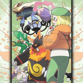 Rule 34 | 1girl, artist name, bag, bianca (pokemon), blonde hair, blue fire, blush, blush stickers, chandelure, claws, closed eyes, closed mouth, coat, commentary, company name, copyright notice, emboar, english commentary, eyelashes, fangs, fire, from side, gen 5 pokemon, glasses, green bag, green eyes, green hat, green pants, handbag, hat, highres, holding, holding poke ball, instagram username, kicking, long sleeves, merchandise available, mienshao, musharna, nintendo, nostrils, official style, open mouth, orange coat, outline, pants, poke ball, poke ball (basic), pokemon, pokemon (creature), pokemon bw2, red-framed eyewear, red eyes, semi-rimless eyewear, shirt, short hair, simisage, smile, stoutland, tom higgins, watermark, white outline, white shirt, yellow eyes