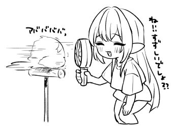 1girl :d ^_^ animal bird blush closed_eyes cropped_legs greyscale hand_fan handheld_electric_fan holding holding_fan hololive long_hair monochrome open_mouth pointy_ears sasaki_(glass1138) shiranui_flare shirt short_sleeves shorts simple_background smile standing translation_request very_long_hair virtual_youtuber white_background