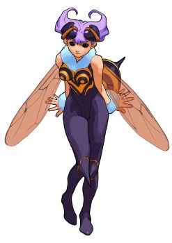 1girl abdomen_tail absurdres antennae arms_behind_back arthropod_girl bare_shoulders bee_girl bengus breasts darkstalkers extra_eyes full_body game_cg highres insect_girl insect_wings leotard medium_breasts monster_girl no_pupils non-web_source official_art outstretched_hand pantyhose purple_eyes purple_hair purple_pantyhose q-bee short_hair smile solo stinger tachi-e vampire_savior:_the_lord_of_vampire white_background wings