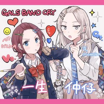 2girls absurdres bag bangs_pinned_back black_nails blue_bag blue_eyes blue_jacket blue_nails blue_necktie blush bow bowtie breasts brown_cardigan brown_hair cardigan cardigan_around_waist cellphone character_name cho_nekura closed_mouth clothes_around_waist collared_shirt commentary copyright_name diagonal-striped_clothes diagonal-striped_necktie dress_shirt ear_piercing earphones flip_phone girls_band_cry green_nails grey_eyes grey_hair gyaru gyaru_v hair_ornament hairclip heart highres iseri_nina jacket kawaragi_momoka lollipop_in_mouth long_hair low_twintails multicolored_hair multiple_girls nail_polish necktie parallel_hairclips phone piercing pink_nails red_bow red_bowtie roots_(hair) school_bag shared_earphones shirt short_hair short_twintails striped_clothes twintails v white_shirt yellow_nails