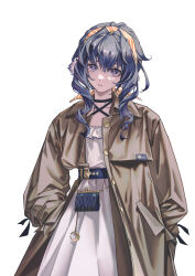 Rule 34 | 1girl, absurdres, alternate costume, arknights, astesia (arknights), bag, belt, blue belt, blue eyes, blue hair, brown coat, coat, commentary, dress, drill hair, drill sidelocks, english commentary, feather hair, hairband, hand in pocket, handbag, head tilt, highres, looking at viewer, orange hairband, parted lips, sidelocks, simple background, solo, upper body, white background, white dress, zhuang yao