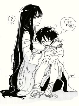1boy 1girl ? ankle_wrap artist_name blunt_bangs blush breasts cheek-to-breast cheek_press choppy_bangs closed_eyes closed_mouth clothing_cutout facing_down fingernails genshin_impact greyscale hair_over_shoulder hand_on_another's_arm hand_on_another's_stomach highres japanese_clothes kariginu kimono large_breasts long_hair long_sleeves looking_to_the_side mole mole_under_eye monochrome mother_and_child mother_and_son off_shoulder parent_and_child raiden_shogun scaramouche_(genshin_impact) scaramouche_(kabukimono)_(genshin_impact) seiza shorts shoulder_cutout sitting sitting_on_lap sitting_on_person sketch sleeping spoken_character spoken_food spoken_question_mark squinting sweatdrop thighhighs tsurime very_long_hair white_background wide_sleeves yaginori