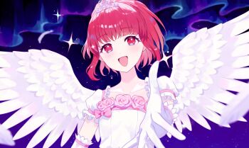 1girl :d aurora blush bow commentary_request dress dress_flower elbow_gloves flower frilled_dress frilled_sleeves frills gloves harune_aira highres idol idol_clothes medium_hair night night_sky no_pupils open_mouth outstretched_arm pink_bow pink_flower pink_rose pretty_rhythm pretty_rhythm_aurora_dream pretty_series reaching reaching_towards_viewer red_eyes rose short_sleeves sky smile solo sparkle star_(sky) starry_sky straight-on tiara towa_(tji8mwrf0e89021) upper_body white_dress white_gloves wings