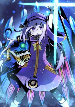 Rule 34 | 1girl, ankle boots, armor, black pants, book, boots, casting spell, coat, cryokinesis, etrian odyssey, fingerless gloves, gloves, glowing, hair between eyes, hat, highres, icicle, imomayo neezu, long hair, looking at viewer, pants, pauldrons, purple coat, purple eyes, purple hair, purple hat, sekaiju no meikyuu, sekaiju no meikyuu 3, shoulder armor, single fingerless glove, single pauldron, solo, star (symbol), wide sleeves, zodiac (sekaiju), zodiac 2 (sekaiju)