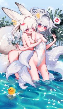 2girls absurdres anger_vein animal_ear_fluff animal_ears annoyed bare_shoulders bikini blush breast_press breasts fox_ears fox_girl fox_tail gluteal_fold gold_bikini grabbing_another's_breast grabbing_from_behind groping hair_intakes haruasana highleg highleg_one-piece_swimsuit highres large_ears leaning_forward long_hair multiple_girls multiple_tails navel one-piece_swimsuit one_eye_closed open_mouth original outdoors red_eyes ribbon rubber_duck small_breasts smile spoken_anger_vein strapless swimsuit tail thighs twintails wading water white_hair white_one-piece_swimsuit