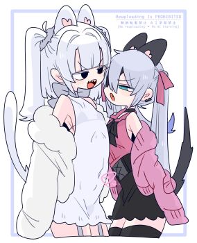 2boys :o animal_ear_fluff animal_ears armpit_crease armpits bare_shoulders black_bra black_choker black_corset black_eyes black_ribbon black_skirt black_thighhighs blue_eyes blue_hair blunt_bangs bow bra bra_strap bulge cardigan cat_boy cat_ears cat_tail choker collarbone collared_shirt colored_tips commentary corset covered_navel cowboy_shot crossdressing crossdressing_(mtf) double-parted_bangs dress earclip eve_(op_na_yarou) eyepatch fang fangs flipped_hair frilled_shirt_collar frills fur-trimmed_jacket fur_trim furrowed_brow garter_straps grey_bow grey_tail hair_between_eyes hair_bow hair_intakes hair_tie highres jacket jirai_kei long_hair long_sleeves looking_at_another male_focus medium_hair microdress miniskirt mole mole_under_eye multicolored_hair multiple_boys narrowed_eyes neck_ribbon no_nose off_shoulder one_eye_covered op_na_yarou open_cardigan open_clothes open_jacket open_mouth original pink_bow pink_cardigan pink_shirt quad_tails red_hair ribbon rigel_(op_na_yarou) see-through_clothes see-through_dress shirt sidelocks simple_background skirt sleeveless sleeveless_dress sleeveless_shirt sleeves_past_fingers sleeves_past_wrists standing straight_hair tail thighhighs thighs trap two_side_up underwear v-shaped_eyebrows very_long_hair watermark white_background white_dress white_hair white_jacket