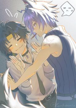 2boys against_wall animal_ear_fluff animal_ears asaba_harumasa belt black_hair black_necktie blue_sweater blurry blurry_foreground blush cat_boy cat_ears cat_tail choker closed_eyes closed_mouth collarbone commentary crossed_bangs earrings fang flying_sweatdrops food food_in_mouth hair_between_eyes headband highres jewelry kabedon kuro_tsubasa looking_at_another male_focus multiple_boys necktie parted_bangs pocky pocky_in_mouth purple_hair ribbed_sweater scar scar_on_shoulder seth_lowell shirt short_hair skin_fang sleeveless sleeveless_sweater sleeves_rolled_up spoken_expression sweatdrop sweater symbol-only_commentary tail twitter_username upper_body v-shaped_eyebrows white_shirt white_tail yaoi yellow_headband zenless_zone_zero