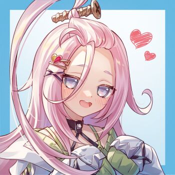 1girl absurdres ahoge aino_(genshin_impact) bangs_pinned_back blue_border blue_eyes blush border coat commentary_request dress genshin_impact green_dress hair_between_eyes hair_ornament heart highres huge_ahoge long_hair long_sleeves looking_at_viewer open_mouth outside_border pink_hair screw_hair_ornament sleeves_past_fingers sleeves_past_wrists solo upper_body very_long_hair white_coat x_hair_ornament yuno_kaihara