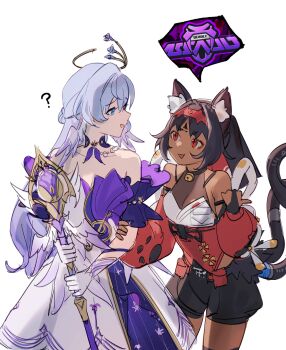 2girls :3 ? absurdres alice_himora animal_ear_fluff animal_ears aragiken bell black_collar black_hair black_shorts blue_eyes blue_hair cat_ears cat_girl cat_tail collar crossover dark-skinned_female dark_skin detached_sleeves dress feet_out_of_frame forehead_tattoo halo halterneck head_wings highres holding holding_microphone_stand honkai:_star_rail honkai_(series) image_in_speech_bubble long_hair looking_at_another microphone_stand multiple_girls neck_bell nekomiya_mana open_mouth parted_bangs purple_dress red_eyes red_shirt robin_(honkai:_star_rail) shirt shorts simple_background slit_pupils speech_bubble tail tattoo traditional_halo voice_actor_connection white_background white_dress wings zenless_zone_zero