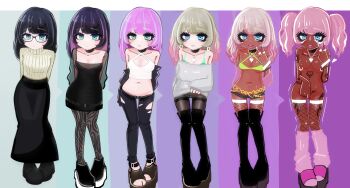 1girl absurdres before_and_after bimbofication black_boots black_dress black_hair black_skirt black_thighhighs blonde_hair blue_eyes blue_hair boots commentary_request corruption dark-skinned_female dark_skin dress earrings expressionless eyelashes f0g_(rmuh7534) fingernails fishnet_thighhighs fishnets ganguro glasses grey_sweater gyaru happy highres jewelry leg_tattoo leg_warmers long_fingernails long_hair looking_at_viewer makeup midriff multicolored_hair navel nipple_piercing off-shoulder_sweater off_shoulder original piercing pink_hair skirt smile solo standing streaked_hair sweater tattoo thigh_boots thighhighs twintails two-tone_hair v