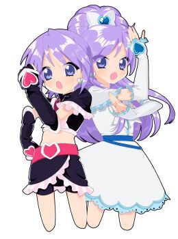 2girls bike_shorts black_arm_warmers black_shorts bow commentary cosplay crossover cure_black cure_black_(cosplay) cure_white cure_white_(cosplay) dress futari_wa_precure hair_bow highres hiiragi_kagami hiiragi_tsukasa long_hair looking_at_viewer lucky_star magical_girl midriff multiple_girls open_mouth precure purple_eyes purple_hair short_hair shorts siblings simple_background sisters wataamesaikoh white_arm_warmers white_background white_dress