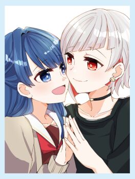 2girls :d black_choker black_shirt blue_border blue_eyes blue_hair border brown_cardigan brown_dress cardigan choker closed_mouth collarbone commentary dollchestra dress earrings english_commentary hasu_no_sora_school_uniform highres jewelry kanduki_kamibukuro link!_like!_love_live! long_sleeves love_live! multiple_girls murano_sayaka neckerchief open_cardigan open_clothes open_mouth red_neckerchief sailor_collar sailor_dress school_uniform shirt simple_background smile split_mouth star_(symbol) star_earrings steepled_fingers t-shirt virtual_youtuber white_background white_sailor_collar winter_uniform yugiri_tsuzuri yuri