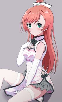 1girl alternate_costume blush brown_hair china_dress chinese_clothes dress elbow_gloves floral_print frilled_skirt frills gloves green_eyes grey_background hair_ribbon highres hirogaru_sky!_precure kaatsu_katsurou lolita_fashion long_hair nijigaoka_mashiro precure qi_lolita ribbon sitting skirt smile thighhighs white_dress white_gloves white_thighhighs