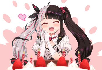 1girl :d ahoge birthday_cake black_hair blurry blurry_foreground blush bow bowtie breasts cake candle center_frills cleavage_cutout closed_eyes clothing_cutout commentary_request depth_of_field dress elbow_gloves facing_viewer food frilled_dress frilled_sleeves frills fruit gloves gold_buttons grey_hair hands_up haniwa_(leaf_garden) high-waist_skirt highres long_hair long_sidelocks low-tied_sidelocks medium_breasts multicolored_hair nijisanji open_mouth overskirt own_hands_clasped own_hands_together pink_background pink_bow pink_bowtie pink_streaks puffy_short_sleeves puffy_sleeves short_sleeves sidelocks skirt smile solo split-color_hair strawberry strawberry_cake streaked_hair striped_clothes striped_dress two-tone_background two-tone_hair two-tone_skirt upper_body vertical-striped_clothes vertical-striped_dress virtual_youtuber white_dress white_gloves yorumi_rena yorumi_rena_(1st_costume)